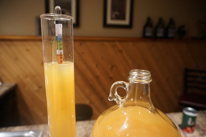 a hydrometer floating in a sample of sweet cider
