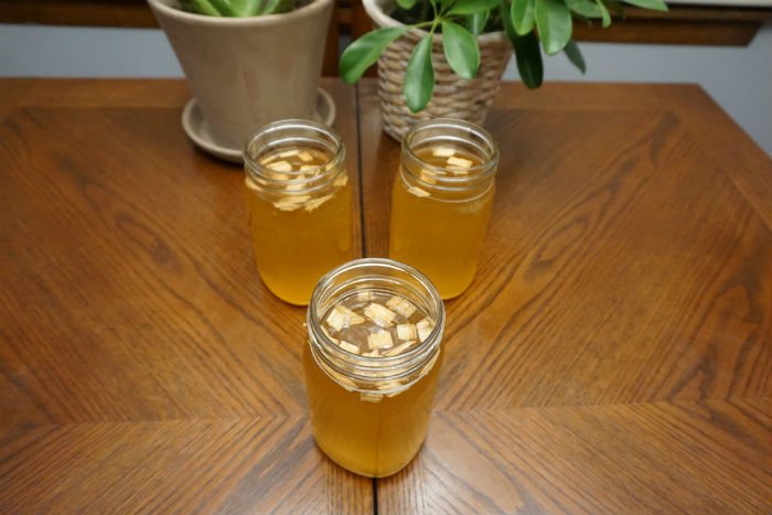 Homemade hard cider aging on oak chips chips of oak wood floating in a glass jar of hard cider