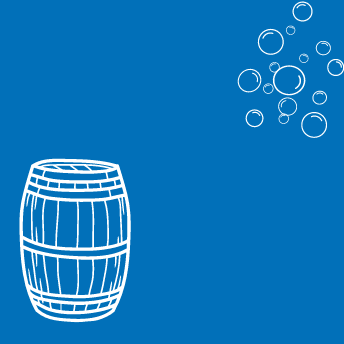 Cider barrel with bubbles and blue background